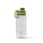 Transparente Trinkflasche aus Tritan mit 610ml Fassungsvermögen, grau-grünem Sportverschluss und Lotus Vita Logo.