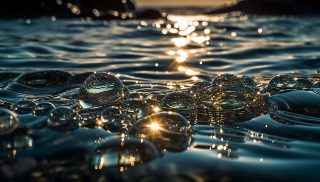 Nahaufnahme von reinem, klarem Wasser, in dem sich die untergehende Sonne golden spiegelt und für ein Gefühl von Frische und Lebendigkeit sorgt.